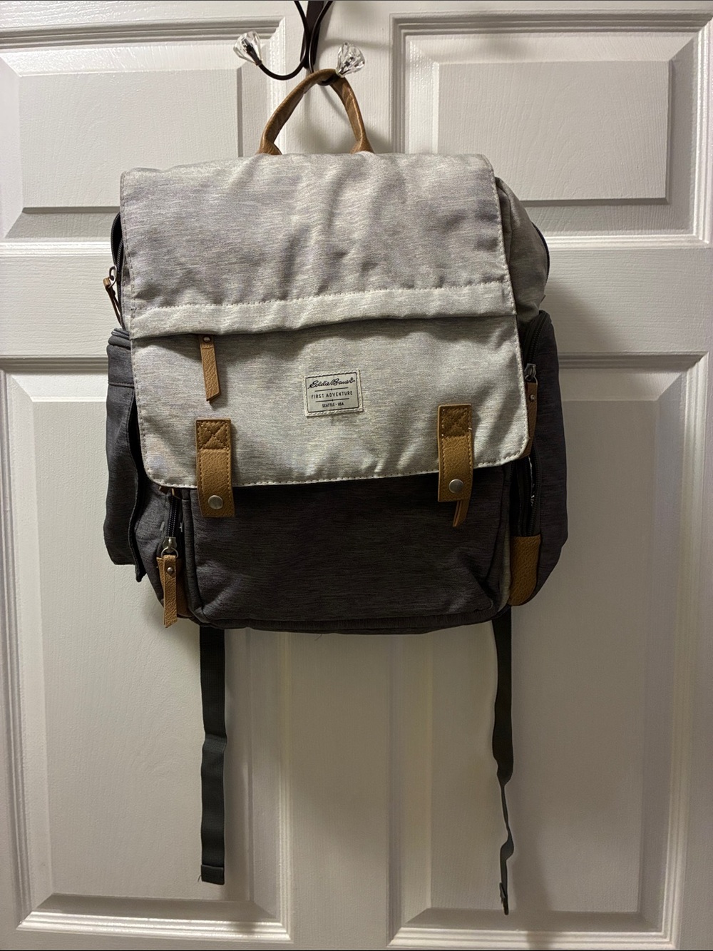 Eddie Bauer Cascade Canvas Two-Tone Gray & Cream DiaperBackpack w/ Tan Accents